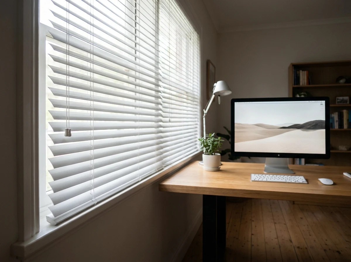 White aluminium venetians closed across the corner window of a Hurlingham home office, light skimming the length of the desk