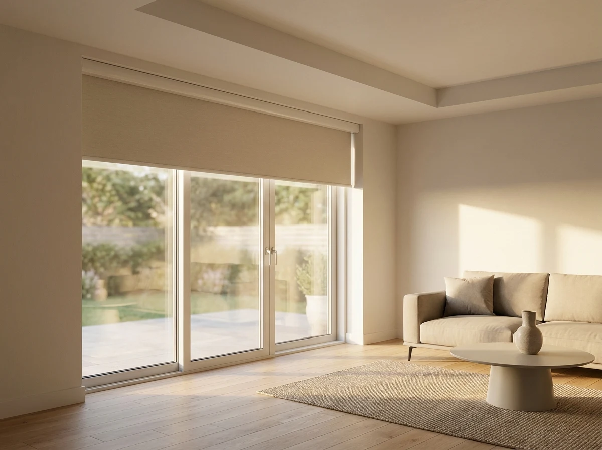 A blind running down from a plastered ceiling recess above the sliding doors of a Sandhurst living room, pool and lawn beyond