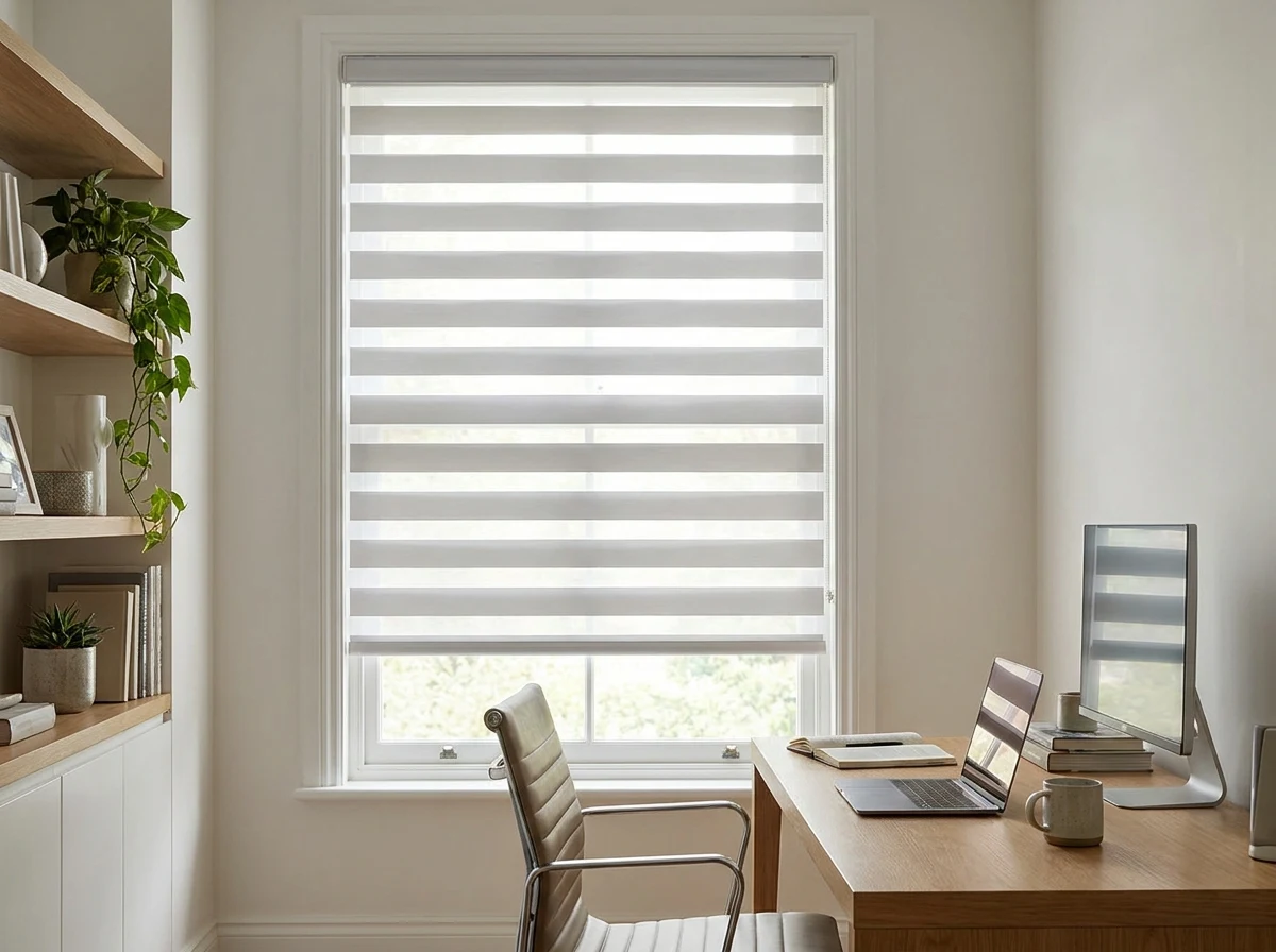 A day-night blind in a Morningside bedroom, the sheer bands lined up to let soft light past without opening the window