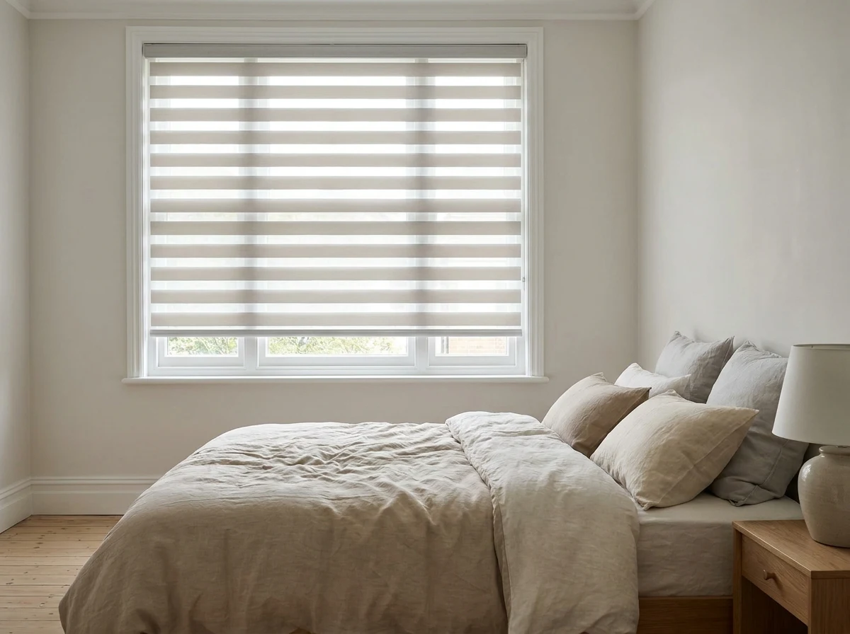 A day-night blind set inside the window reveal of a pale Hurlingham bedroom, its bands aligned to soften the light