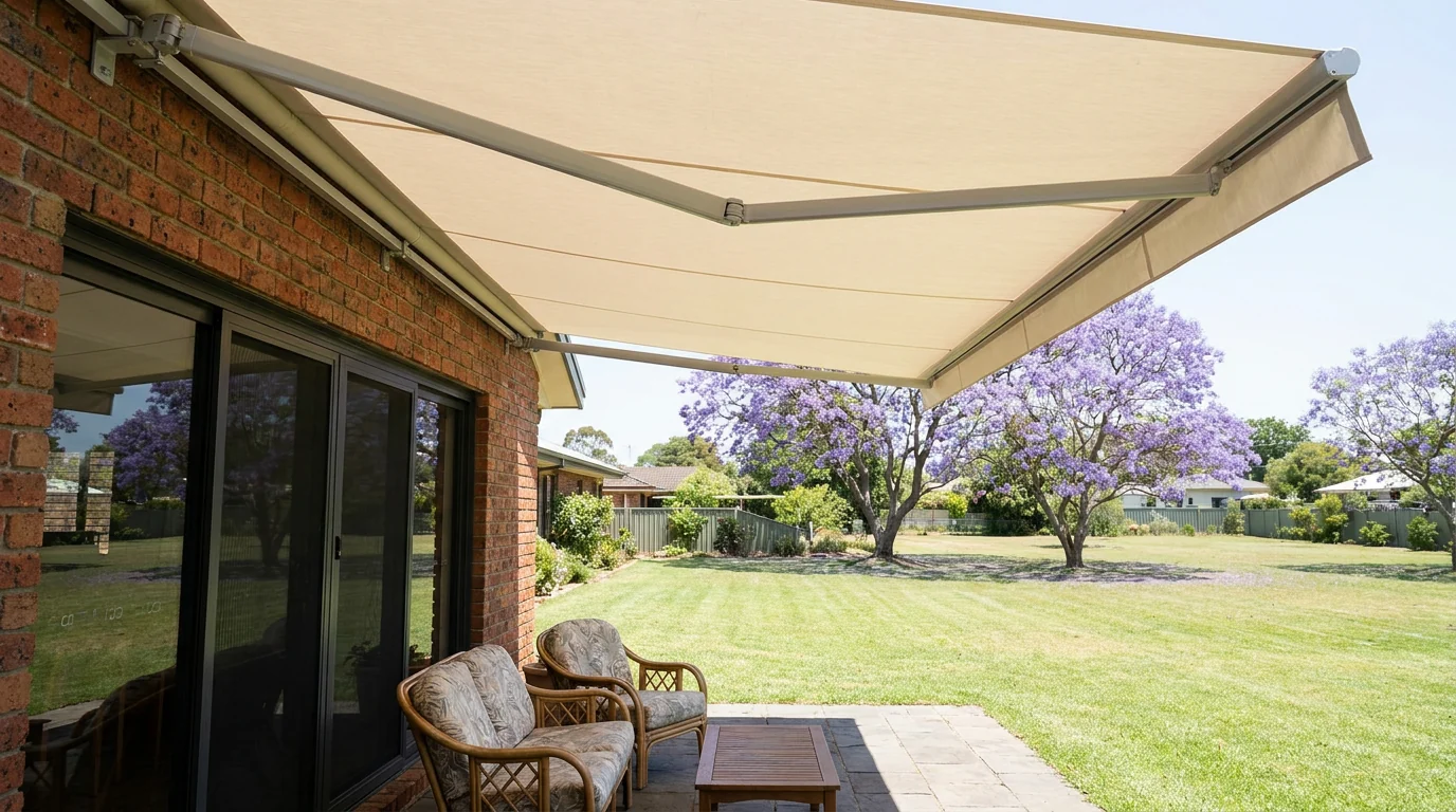 Looking out from under a cream folding-arm awning fixed to the house wall, its front bar framing a sunlit Hurlingham lawn and jacaranda trees
