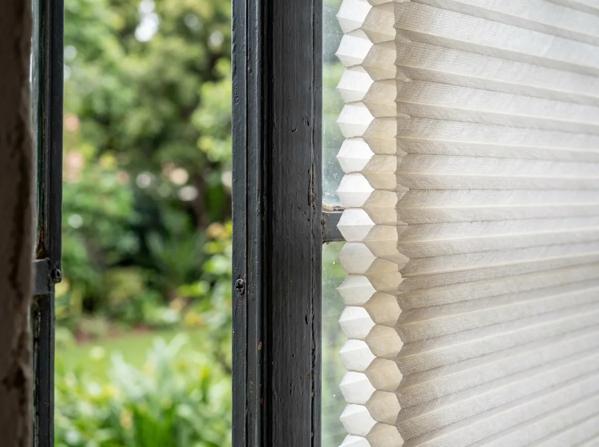 A cellular honeycomb blind seen edge-on inside a black steel casement window, its air cells visible in cross-section with the garden green beyond the glass