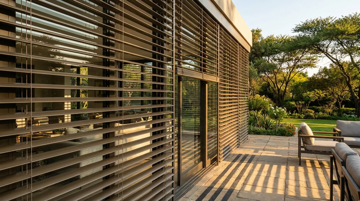 External venetian blinds mounted outside a long run of sliding doors, aluminium louvres tilted against low sun and striping the terrace paving