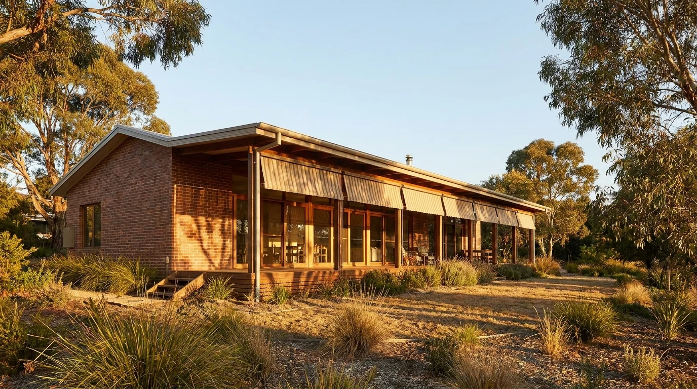 A long face-brick house with a deep veranda and canvas window awnings lowered along its glazing in late afternoon light