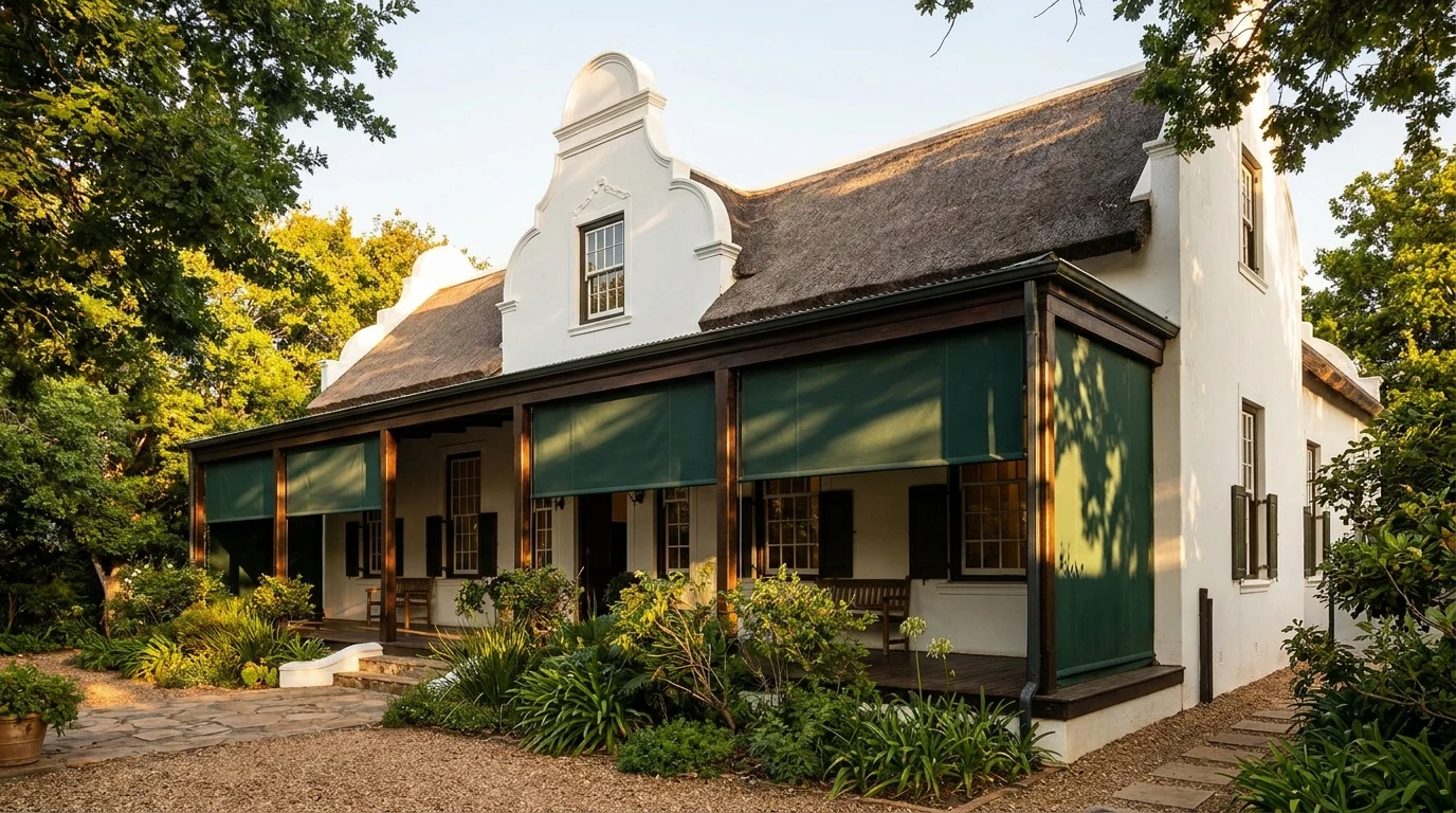 A Cape Dutch-style Hurlingham home with gabled roofline, exterior blinds half-drawn across a wraparound veranda in warm afternoon sun