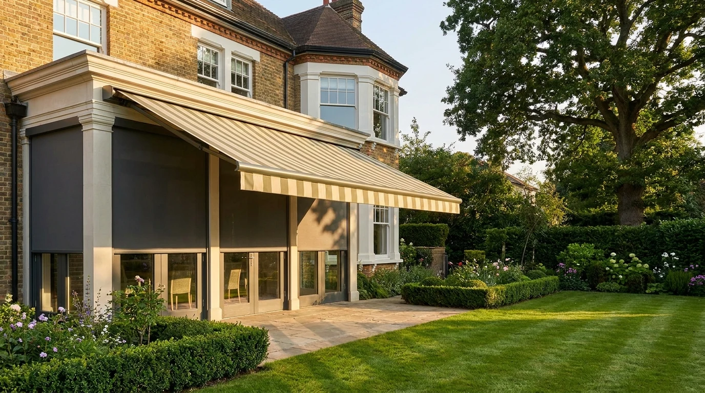 A striped folding-arm awning and a dark exterior blind working side by side on the garden face of a brick home