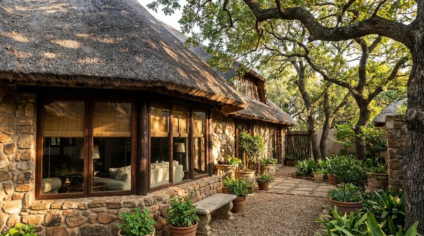 A thatched stone home on an Illovo plot, its courtyard shaded by old trees and blinds rolled down inside the glazed doors