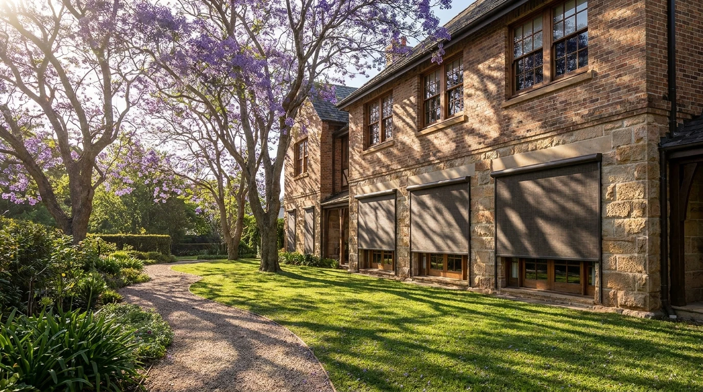 A double-storey manor-style Hurlingham home viewed from the front garden path, exterior roller blinds lowered over ground-floor windows in morning light