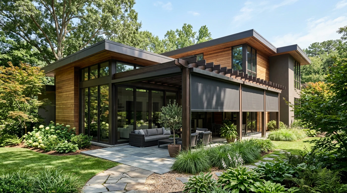 A contemporary timber-clad Morningside home with dark exterior screens lowered across its covered patio