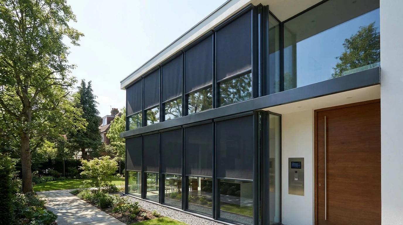 A modern glass-fronted Hurlingham home with automated exterior blinds lowered over expansive windows in bright daylight