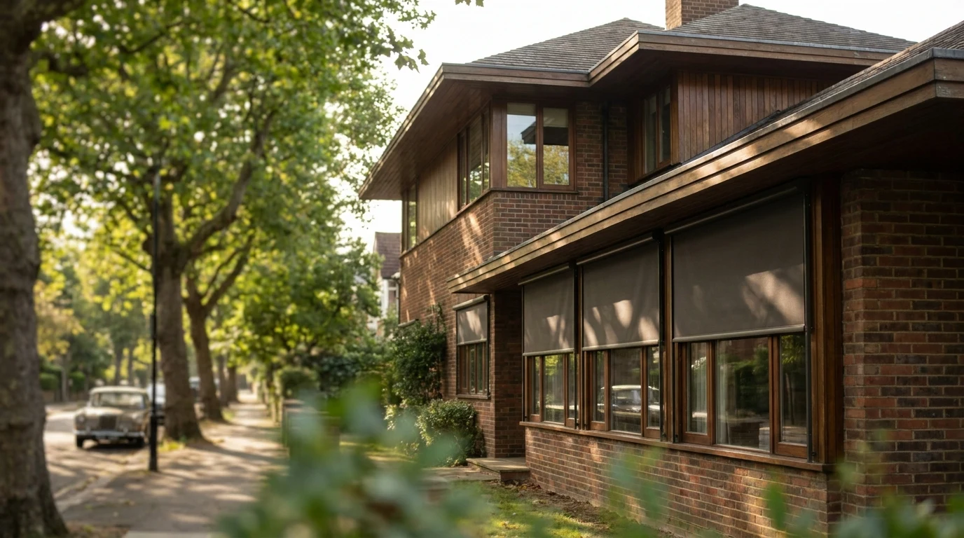 A brick home with deep eaves on a tree-lined street, dark exterior blinds lowered across its front windows