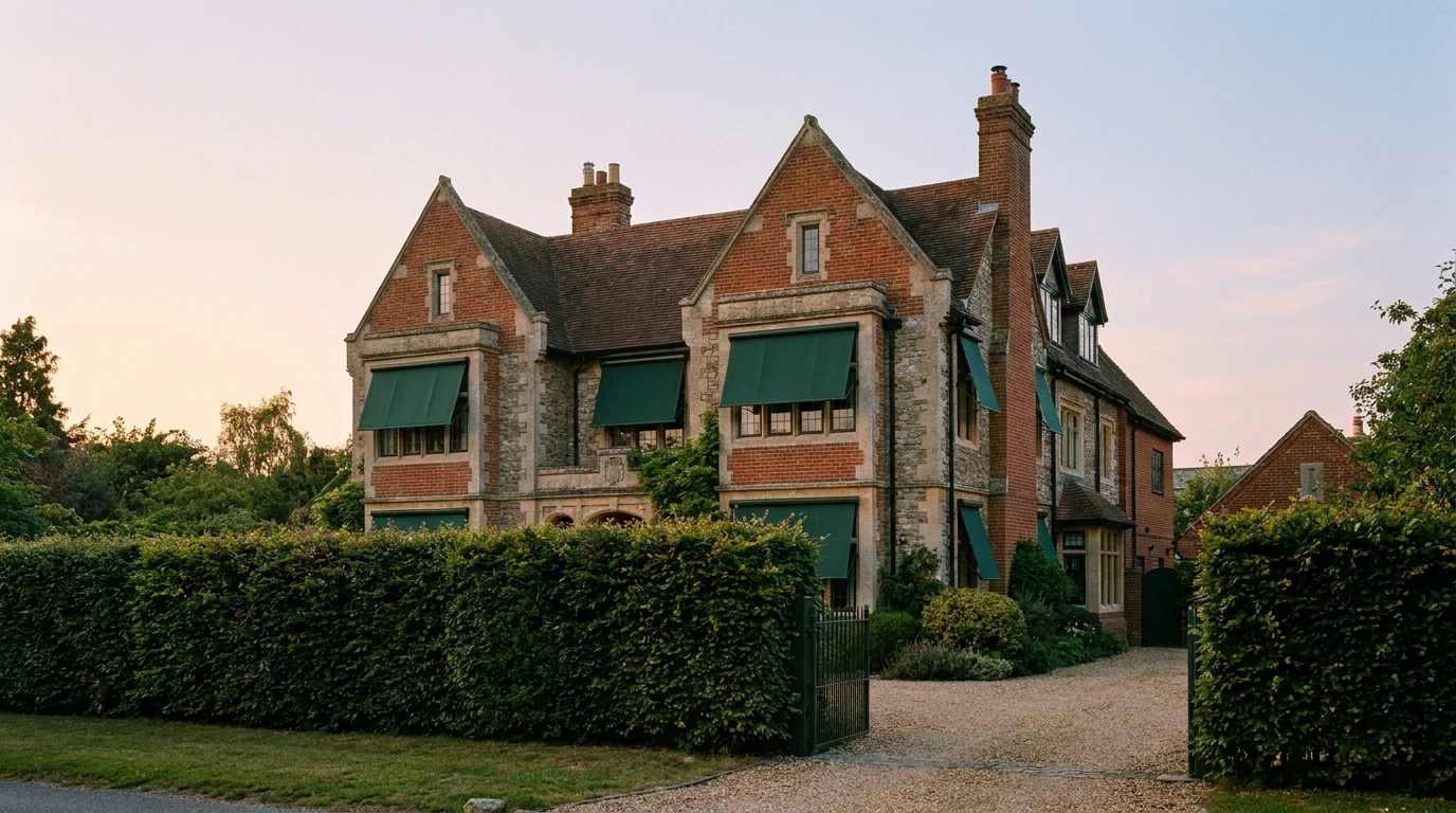 A gabled brick Sandhurst house behind a high hedge, dark green canvas awnings shading its upper windows at dusk