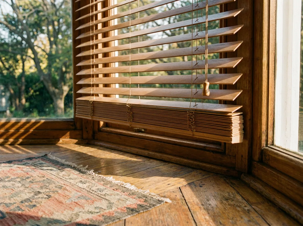 Timber venetian slats raised and stacked at the head of a bay window, late sun falling across old floorboards and a faded rug