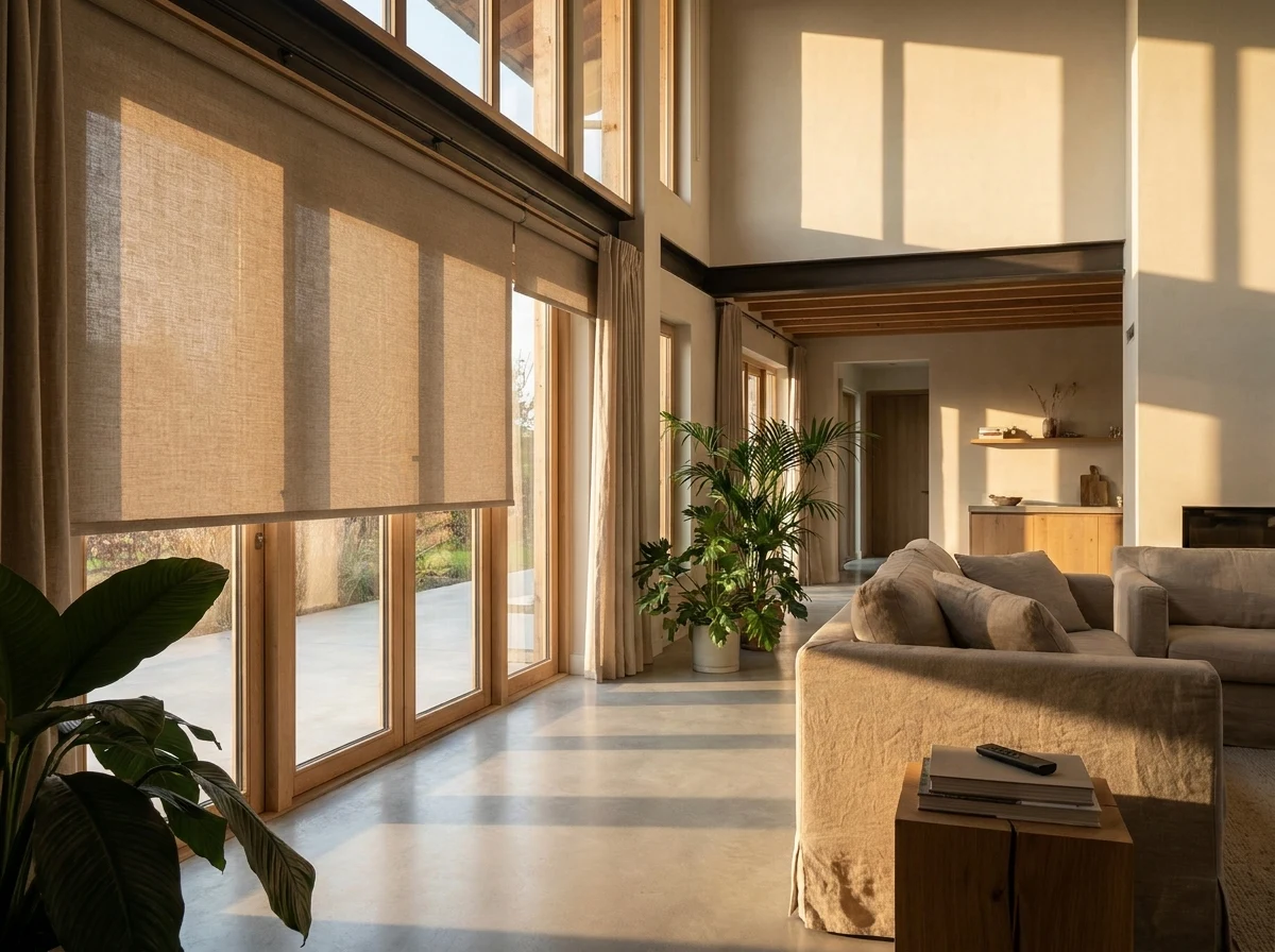 Motorised sunscreen blinds lowered together across a double-volume wall of glass in an Atholl home