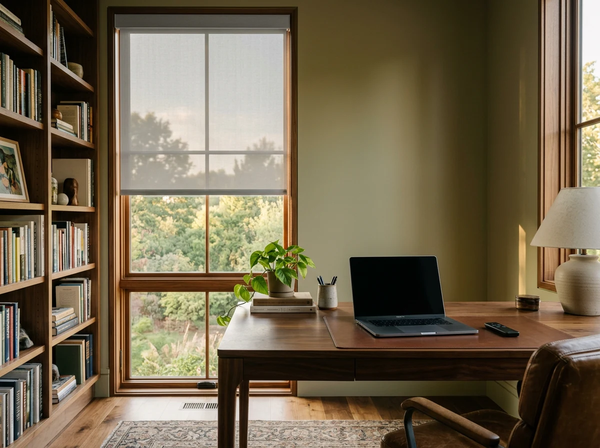 A motorised sunscreen blind half down over a sash window in a green-walled Hurlingham study