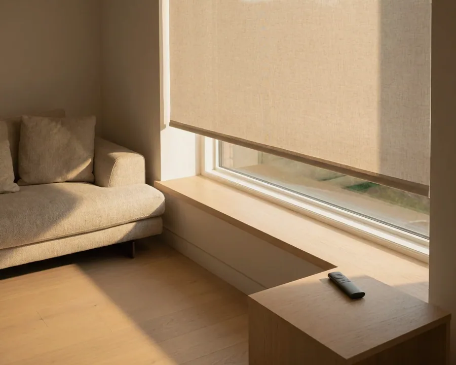 Motorised roller blind lowered over a picture window, remote handset on the side table