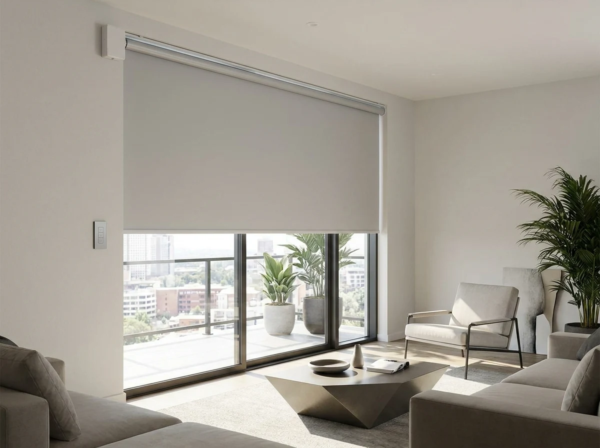 A motorised blockout blind and its wall switch beside the balcony glazing of an Illovo apartment, the city skyline beyond