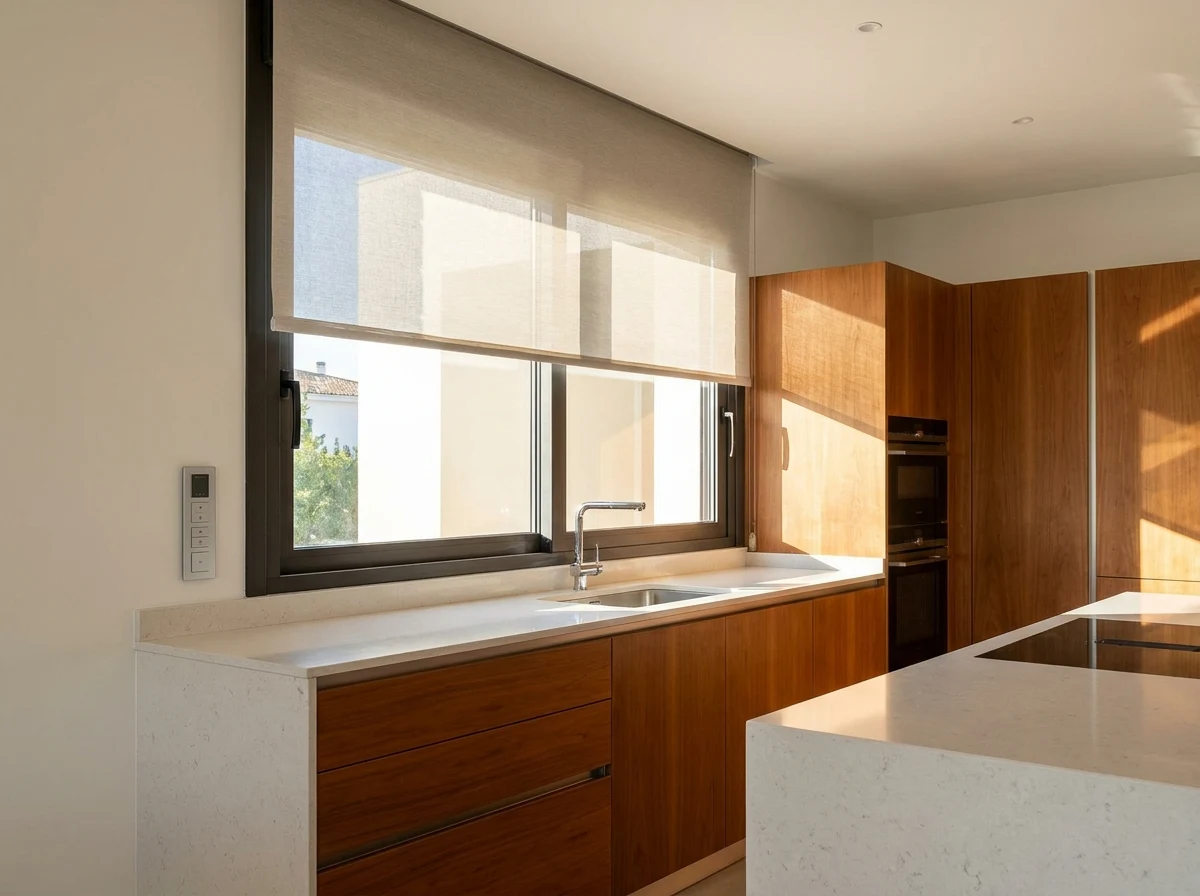 A motorised sunscreen blind over the kitchen window of a Morningside home, its keypad on the wall beside the counter