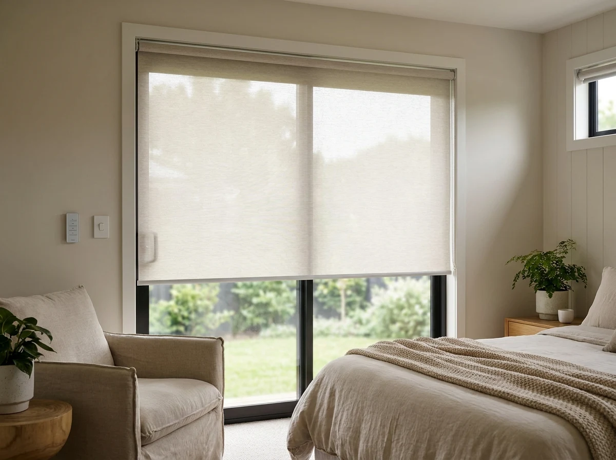 A motorised sunscreen blind over the sliding door of a Hurlingham bedroom, its wall keypad within reach of the bed
