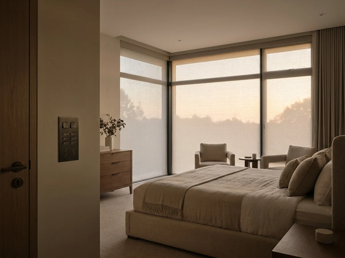 Motorised sheer blinds lowered across the corner glazing of a Sandhurst bedroom, the control keypad by the doorway