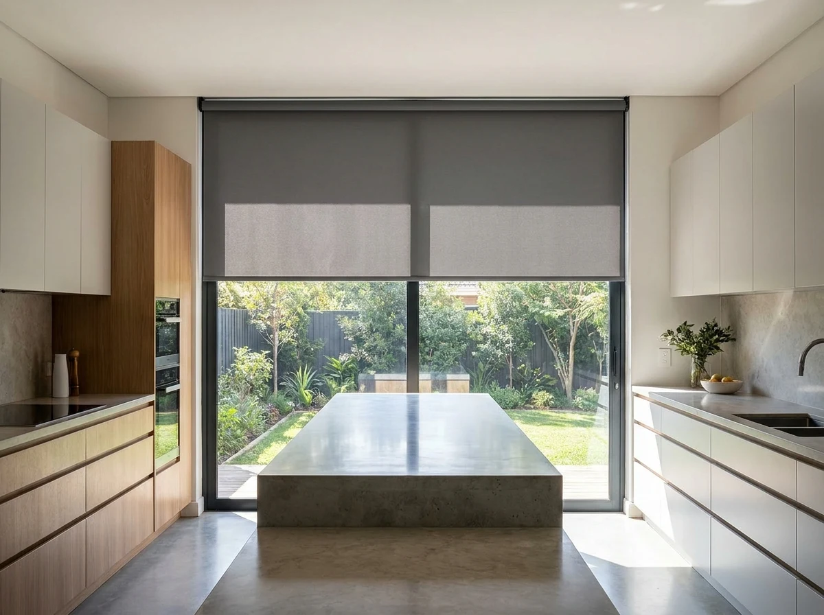 A charcoal roller blind lowered over the sliding doors behind a kitchen island in an Atholl home