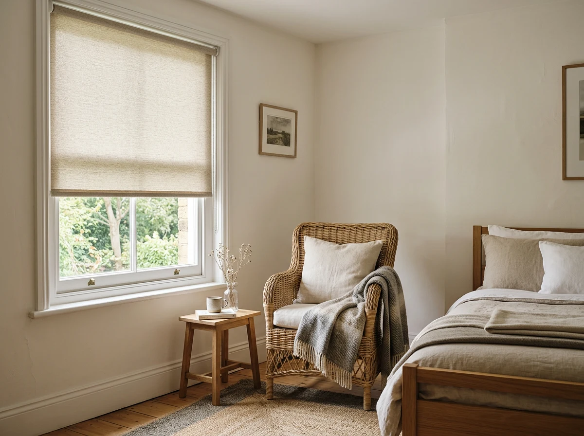 A cream roller blind lowered two thirds over a sash window in a quiet Hurlingham guest bedroom