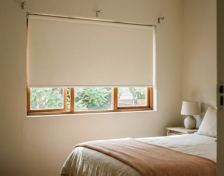 A plain cream roller blind on brackets above a timber-framed Hurlingham bedroom window, pulled three quarters down