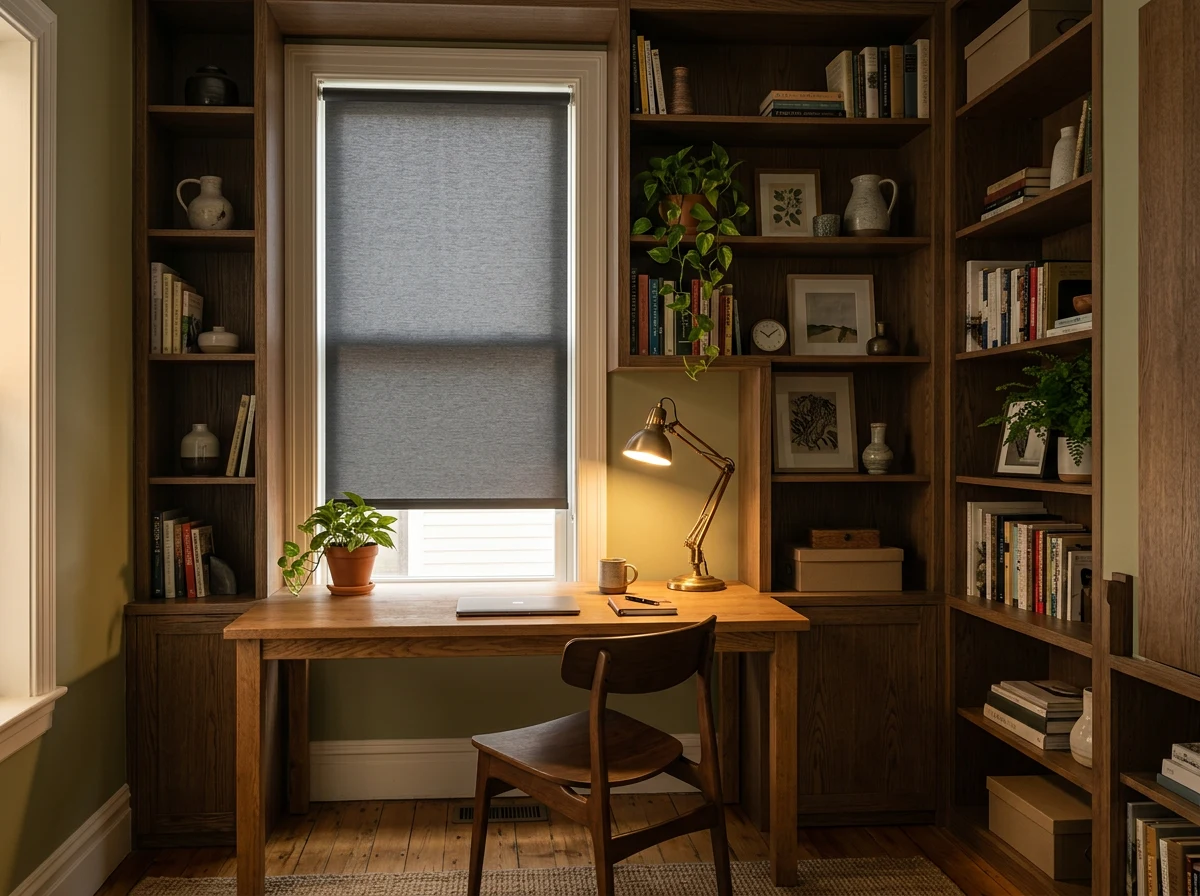 A grey roller blind pulled down over the sash window of a book-lined Illovo study