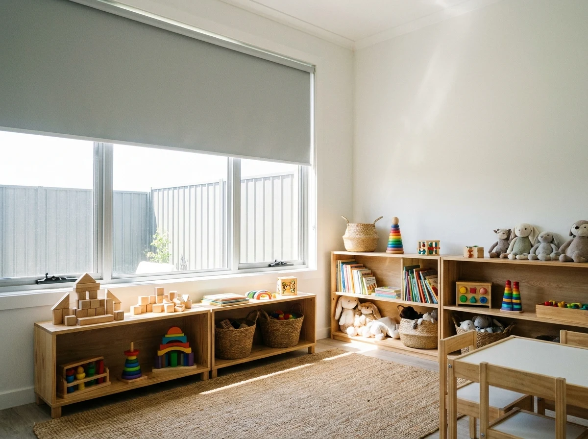 A grey roller blind lowered halfway over the wide window of a Morningside playroom