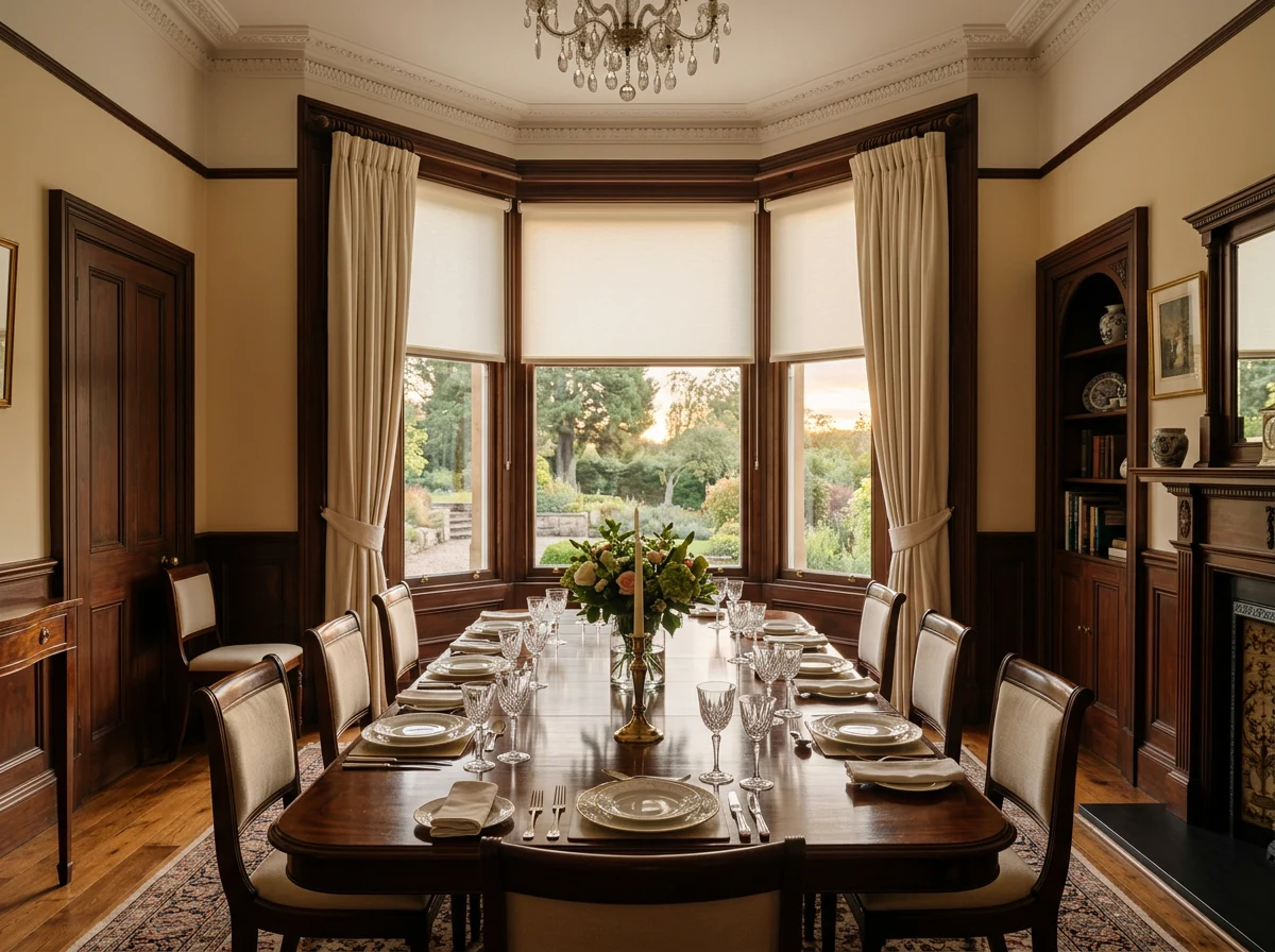 Roller blinds set inside the bay window of a formal Sandhurst dining room, curtains drawn back on either side