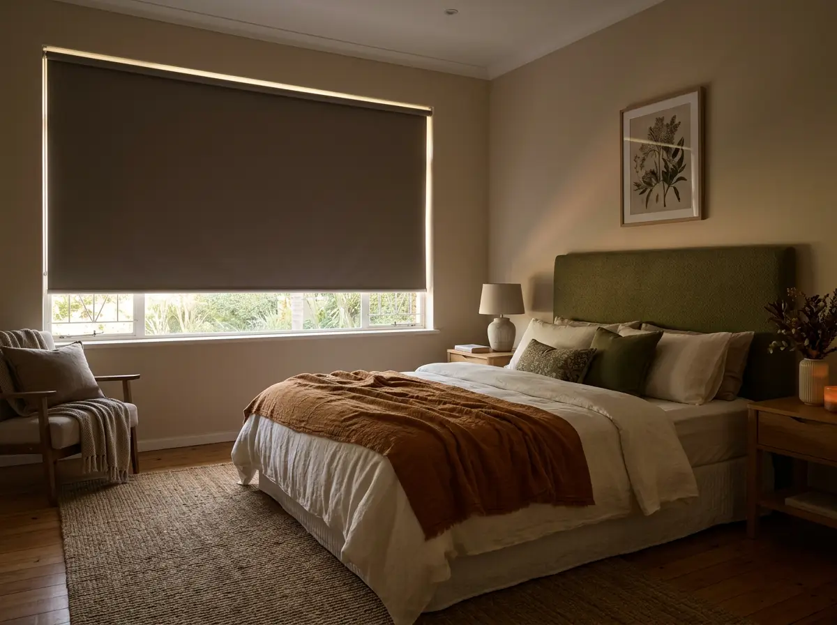 Bedroom with blockout blinds in soft olive and ivory palette, Hurlingham home