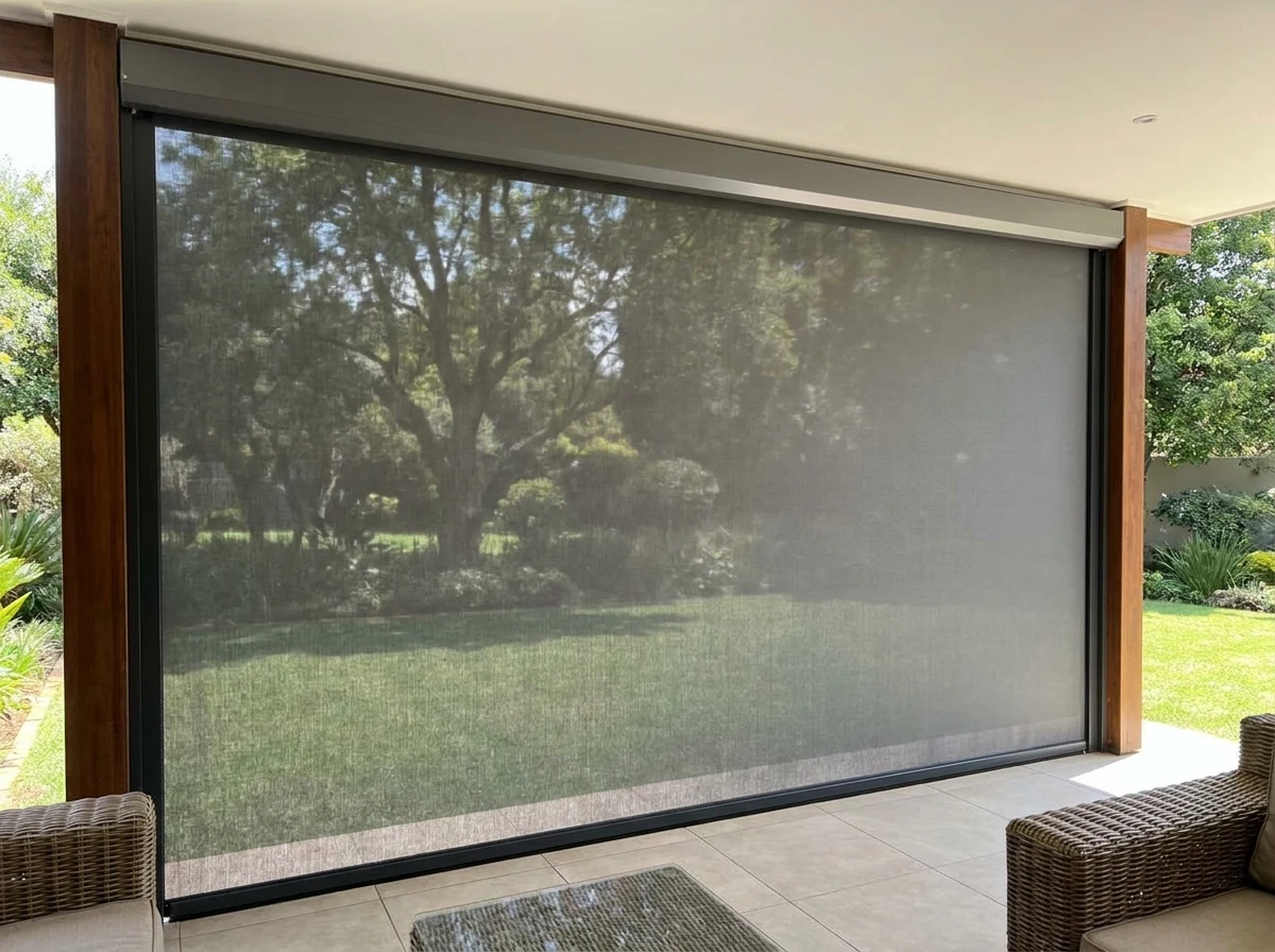 A zip screen tensioned in its channels across a covered Hurlingham patio, the lawn and old trees visible through the mesh